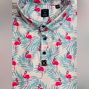 CONSTRUCT Pink Flamingos and Blue Palm Leaves Stretch Golf Polo Size XXL